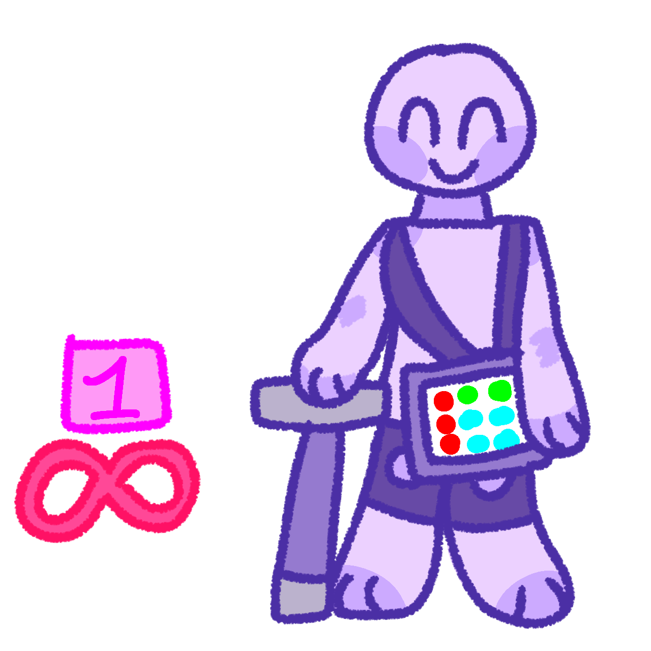 on the left is a pink block with a hot pink 1 inside above a red infinity sign. On the right is a smiling lavender person with a purple cane, knee braces, and a purple aac tablet strapped onto them. 